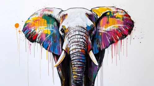 Color-splashed elephant portrait shows bold dripping paint