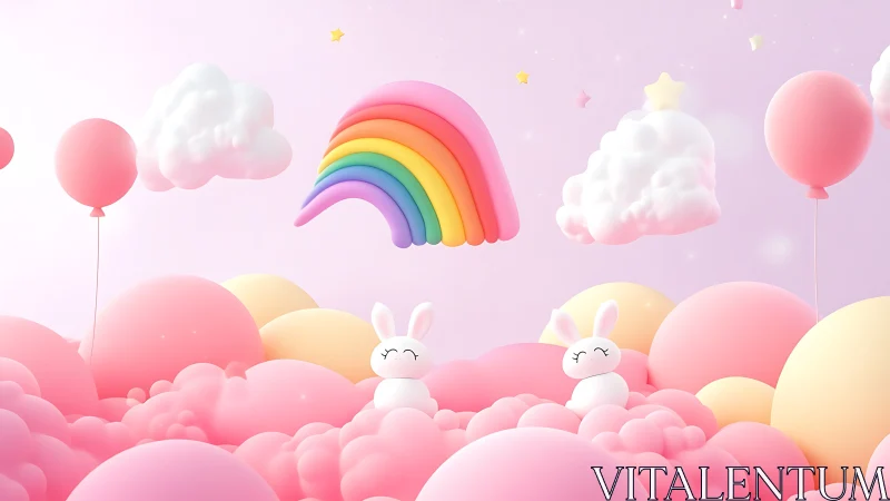 Pastel 3D rainbow scene with clouds, balloons, and bunnies.