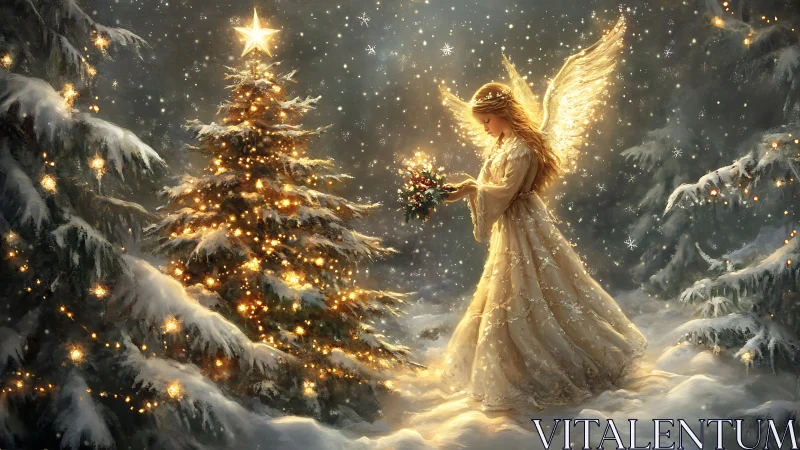 Luminous Christmas angel illuminates snowy forest tableau