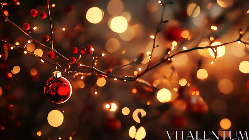 Warm red bauble glows softly among golden holiday lights