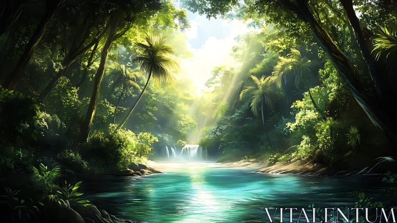 Tropical Jungle Waterfall in Luminous Sunlit Gorge