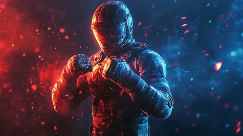 Armored cybernetic fighter in red blue bi-color volumetric light