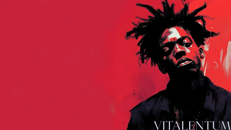 Red-ground digital portrait with stark chiaroscuro profile.