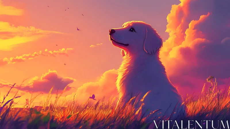 Golden dog sits in backlit field under vivid sunset sky