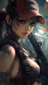 Armed woman in red cap rendered in detailed anime style.