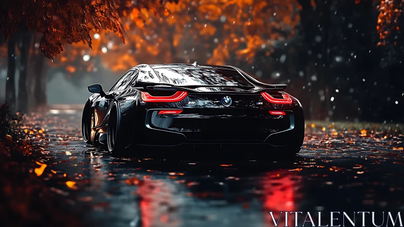 Futuristic sports coupe rendered on wet autumn forest road
