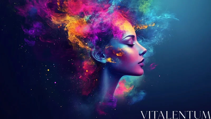 Profile portrait with dispersing multicolored particle clouds.