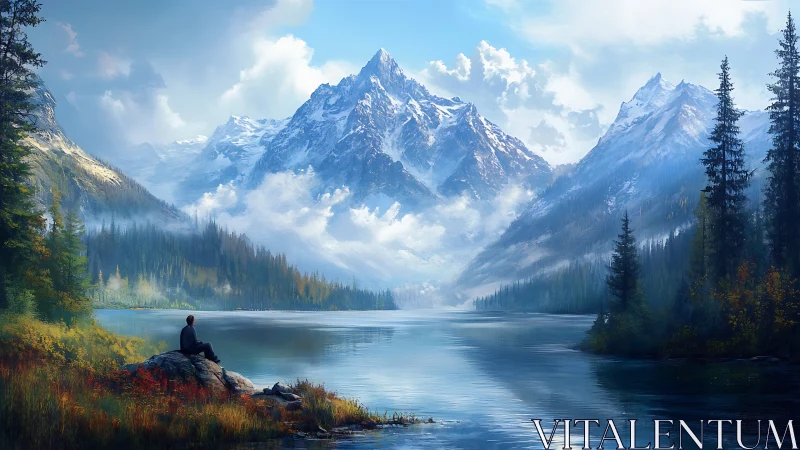 Solitary figure facing vast alpine lake and snowy mountains.