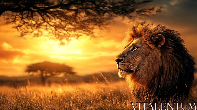 Backlit lion portrait under dramatic savanna sunset sky glow