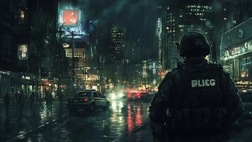 Armored officer surveys wet urban street in night rain