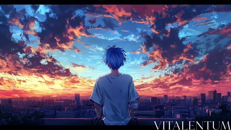 Rooftop dreamer quietly negotiates with a burning twilight sky