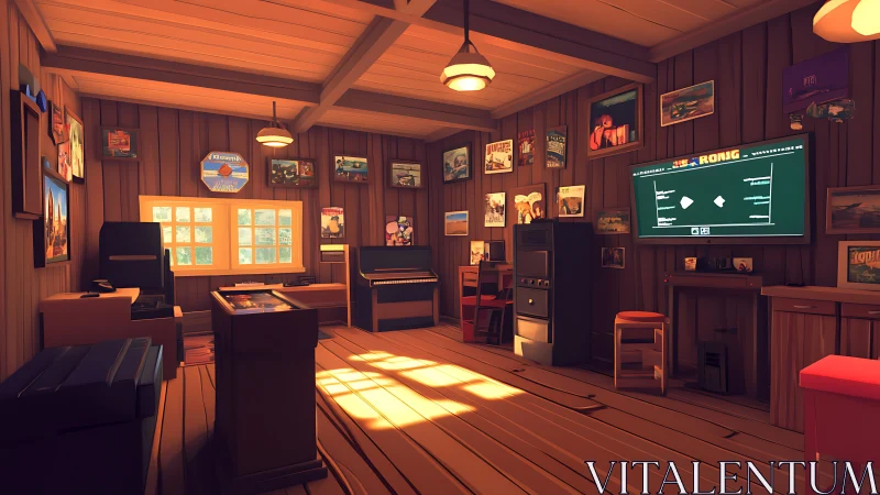 Sunlit stylized wooden studio with posters, printer, and piano