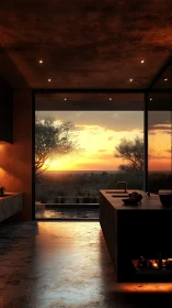 Modern kitchen interior facing sunset over open landscape.