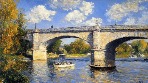 Stone river bridge spans sunlit water under bright clouds