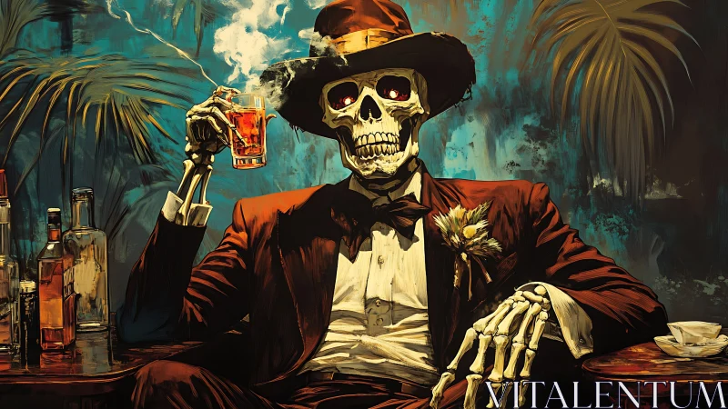 Skeletal dandy in crimson tuxedo conducting spectral cocktail study.