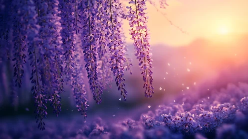 Backlit wisteria racemes rendered in shallow depth at sunset