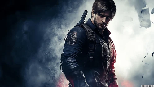 Armed tactical character in smoky high contrast environment.