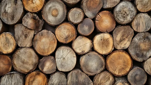 Stacked firewood logs in rustic style with prominent wood grain.