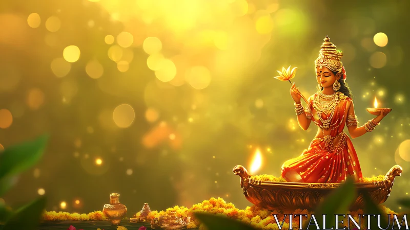 Goddess statue in golden light with lotus and oil lamp.