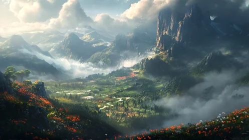 Vast alpine valley rendered with volumetric fog and dynamic lighting