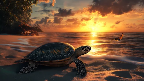 Gentle sea turtle resting on a golden sunset shoreline.