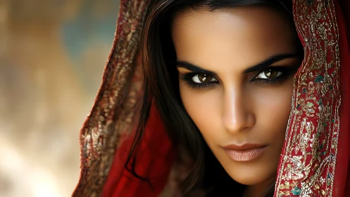 Intense Portrait of Woman in Embroidered Red Veil, Cinematic Style.