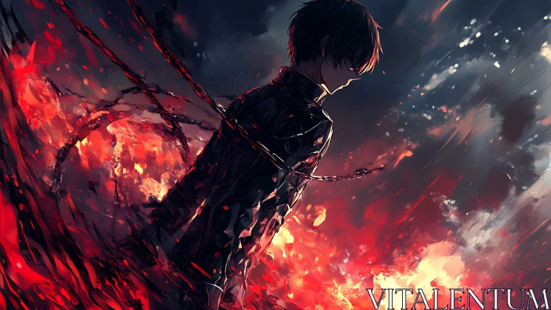 Solitary hero wrapped in chains above swirling crimson fire.