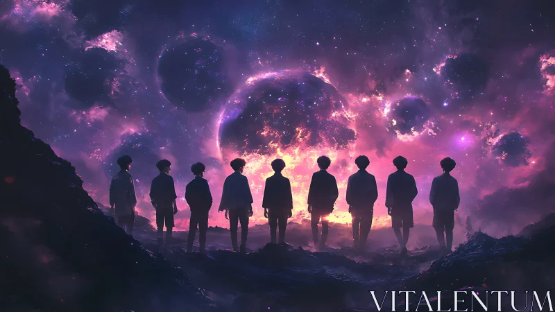 Silhouetted figures observe erupting celestial spheres in nebula