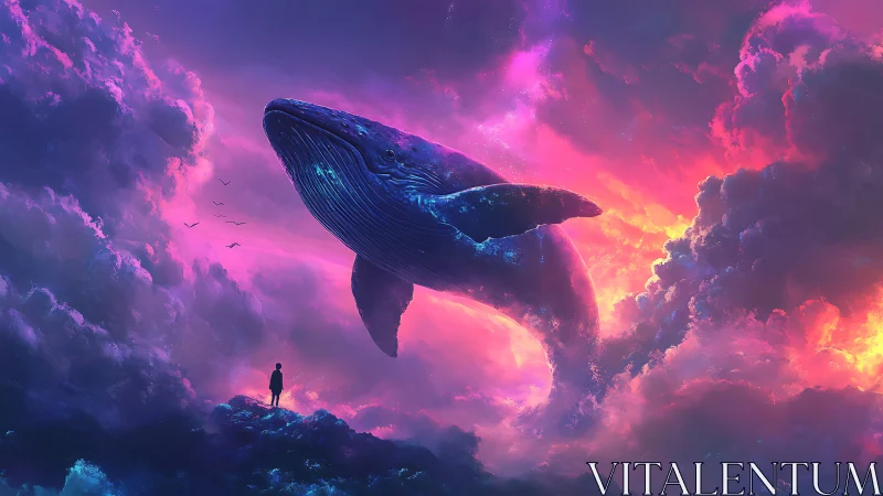 Celestial whale soaring above luminous neon storm clouds.