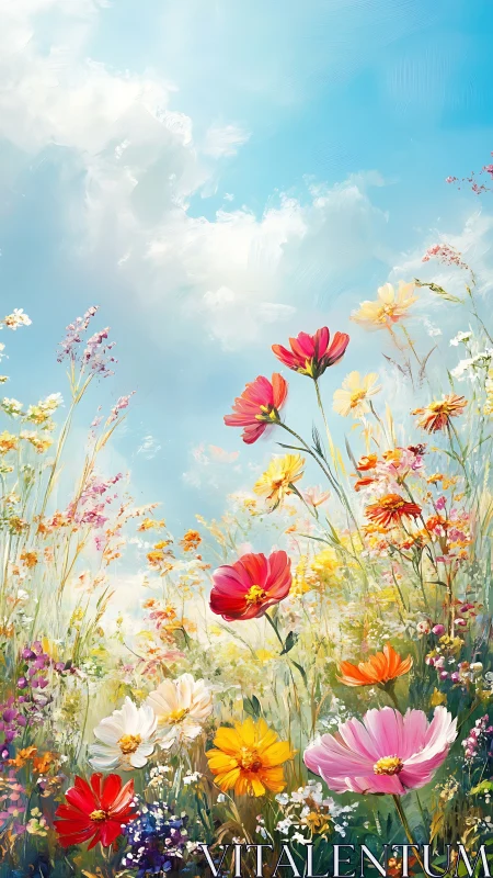 Vibrant Wildflower Meadow Reaches Toward Sunny Blue Skies