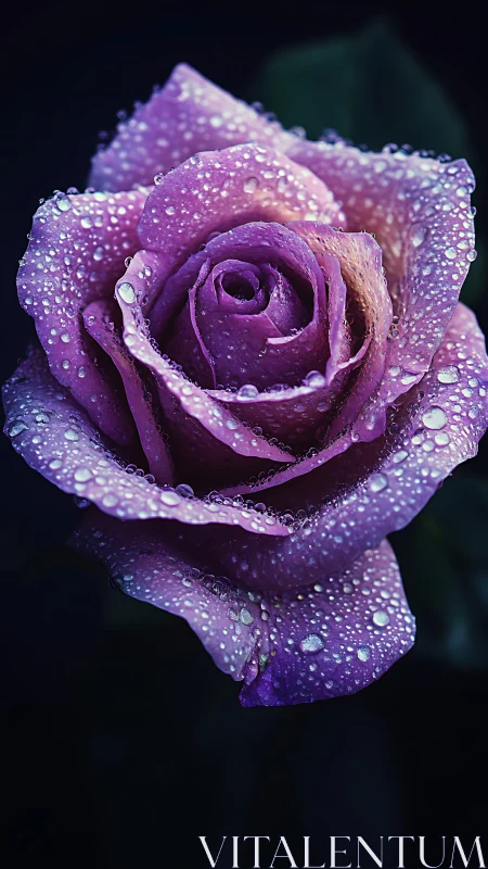 Purple Rose with Dewdrops: Macro Floral Study with Luminous Wet Petals