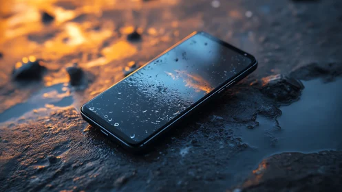 Smartphone with water droplets on wet stone surface in amber sunset light.