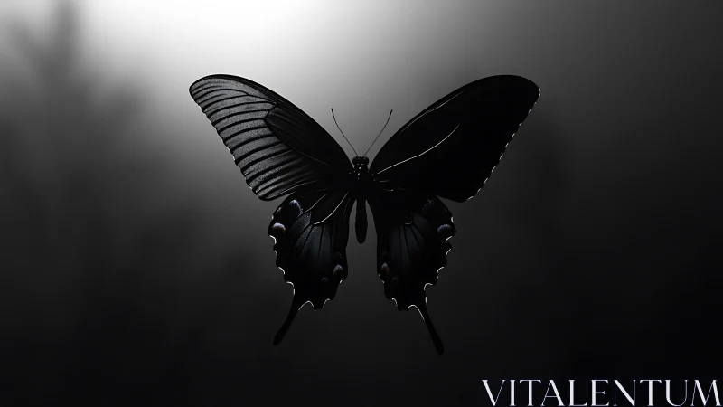 Black butterfly silhouette against soft gray backlight.