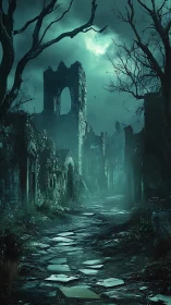 Moonlit ruined alleyway with gothic stone tower and fog depth