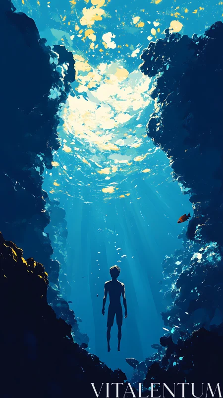Solitary diver ascending through luminous ocean chasm.