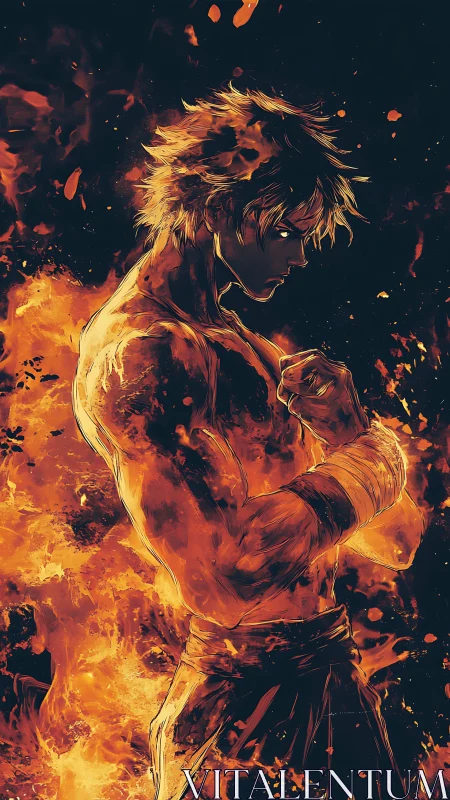 Male fighter stands in profile surrounded by dynamic flames