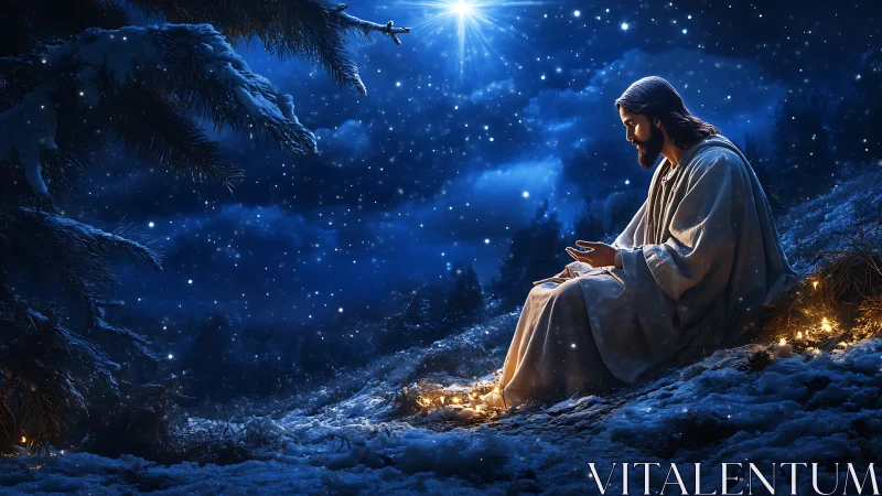 Prayerful Christ under bright Bethlehem star at night.