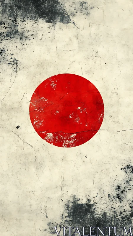 Grunge textured Japanese flag with worn red sun motif.