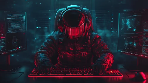 Cyberpunk hacker in reflective helmet commands neon-lit data