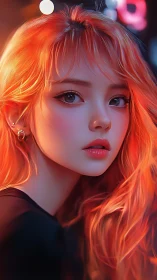 Neon ember-haired girl gazes through cinematic city glow.