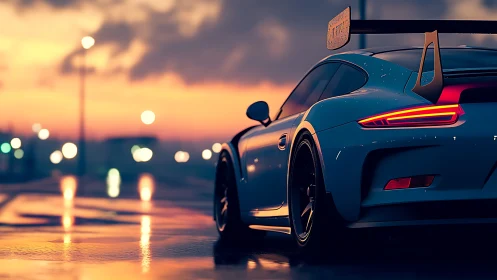 Track-ready sports car glows against a moody sunset cityscape