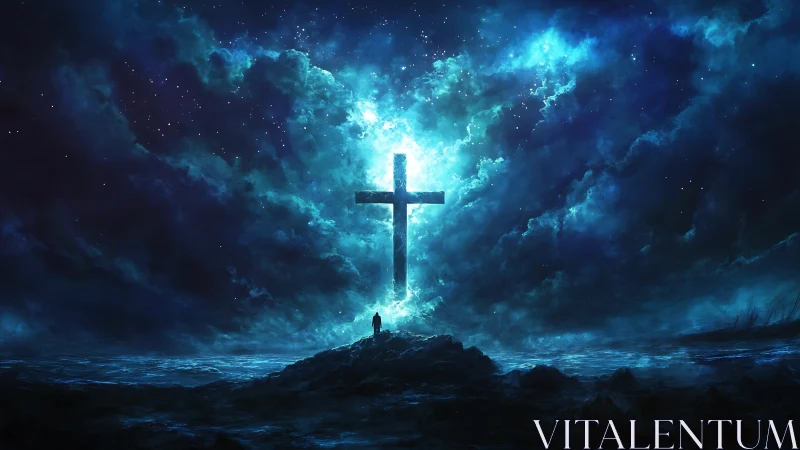 Digital painting of luminous cross in cosmic ocean stormscape.