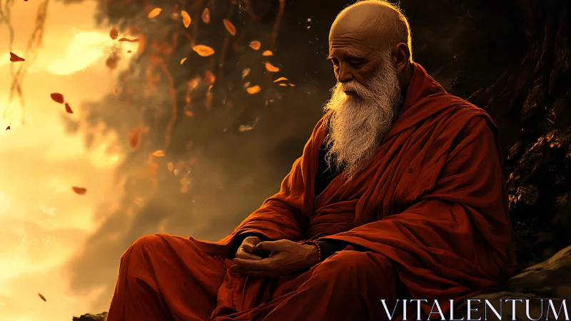 Elderly monk meditates in warm autumn light beneath trees