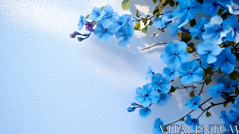 Blue Flowers Against White Wall With Botanical Stems