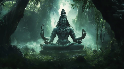 Mythic yogic deity rendered in bioluminescent forest chiaroscuro.