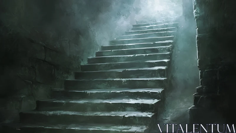 Misty stone staircase gently climbs toward a distant light