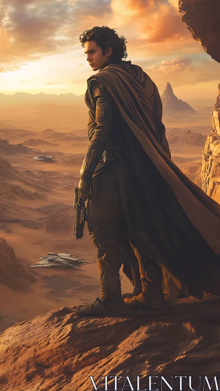 Desert wanderer studies starships beneath a molten sky