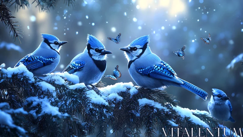 Blue Jays and Butterflies on Snowy Pine Branches in Dreamy Winter Scene.
