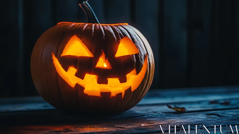 Glowing jack-o’-lantern smiles on a rustic wooden table.