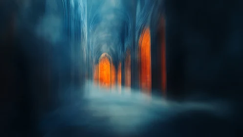Luminous cathedral corridor where blue mist meets ember light.